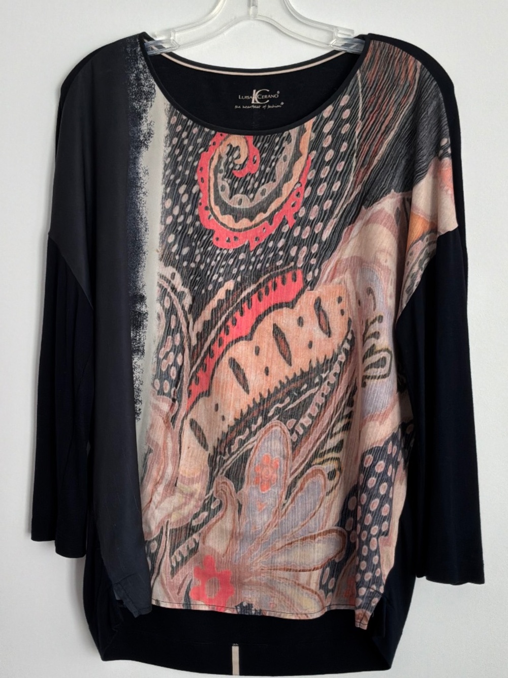 Luisa Cerano Abstract Paisley Mixed Media Knit Top Coral Black Size 10
